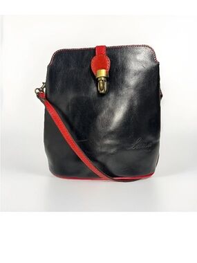 Vintage Italian Leather Crossbody By Luisa In Black Leather w/ Red Trim
